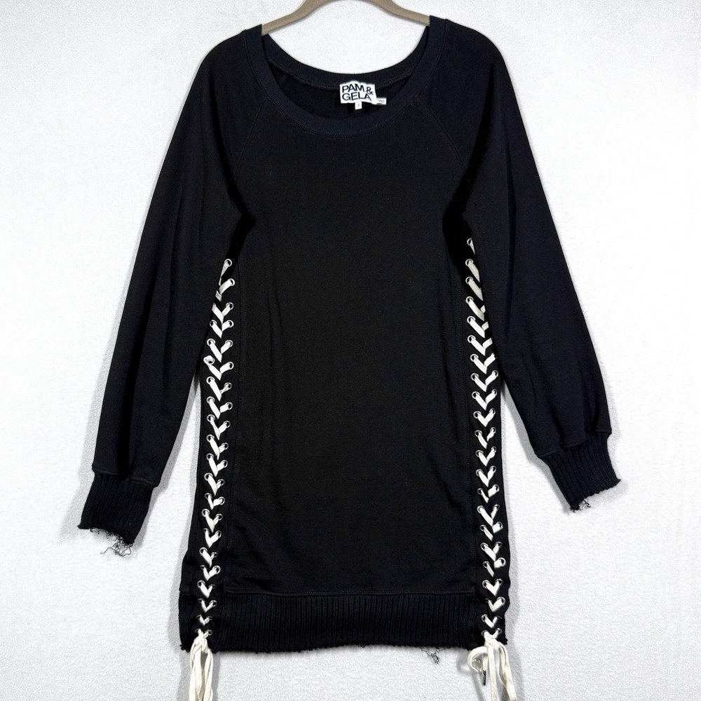 Pam and Gela Dress Women Small Black Lace Up Side Mini Sweatshirt Tunic Pullover